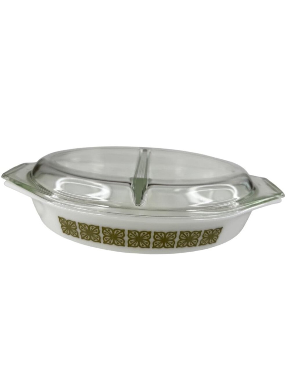 Pyrex Autumn Floral Verde Green Divided Baking Dish Lid 1 Qt MCM #31 USA Vtg 70s - Picture 9 of 16